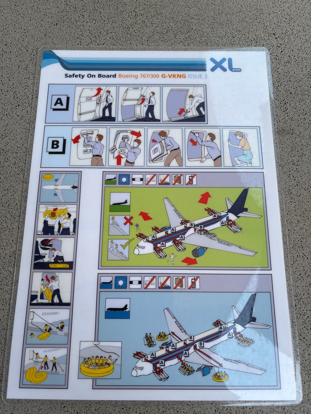 XL Airways Boeing 767/300 Veiligheidskaart, Verzamelen, Ophalen, Nieuw, Kaart, Foto of Prent