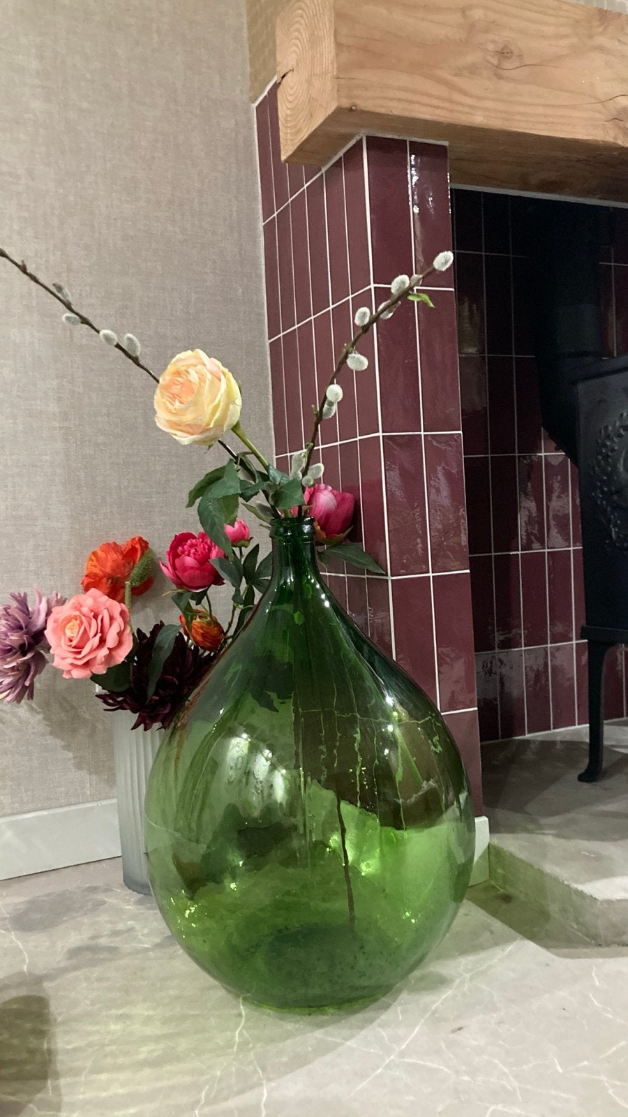 Grote groene glazen fles - 30L - Vintage decoratie, Ophalen, Glas, Zo goed als nieuw, 56 cm