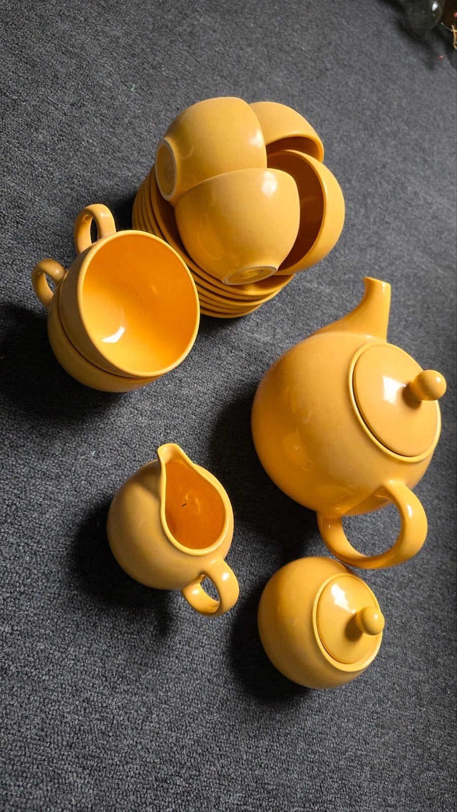 Vintage Geel Servies - Theepot, Suikerpot, Melkkan, Kopjes, Gebruikt, Overige merken, Keramiek, Vintage