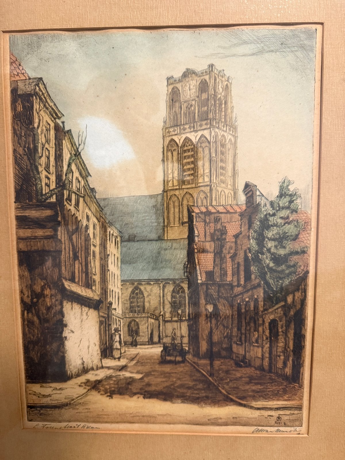 Originele handgekleurde ets, “Lange Torenstraat Rotterdam”, Antiek en Kunst, Ophalen