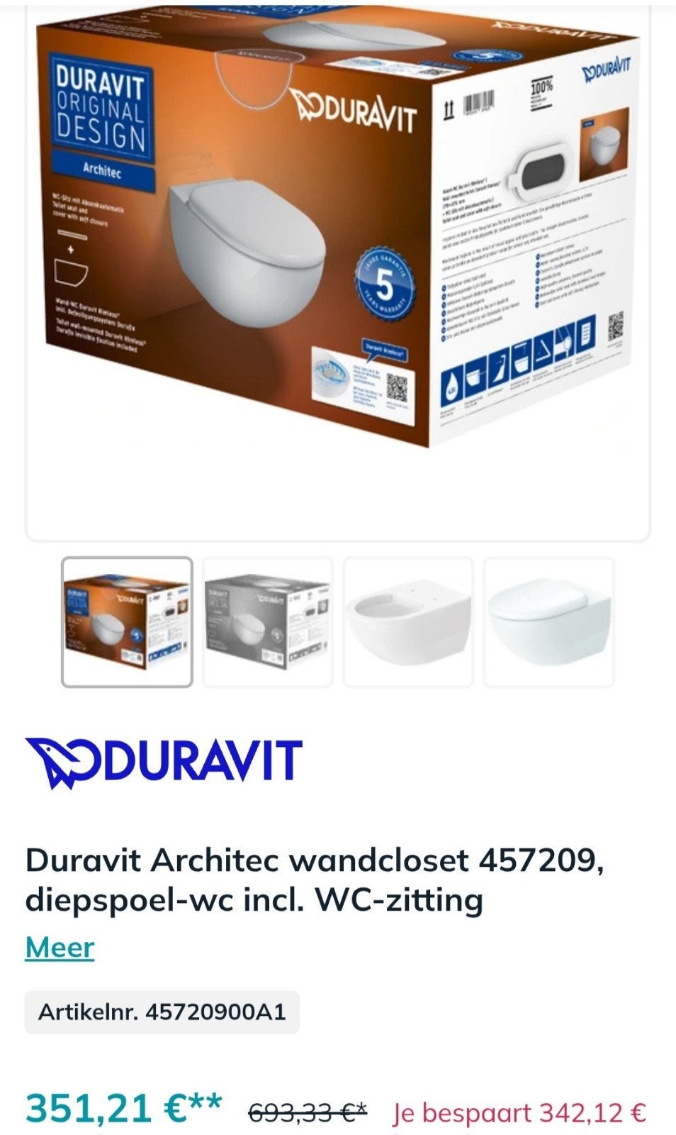 Duravit Architec wandcloset 457209 diepspoel-wc, Doe-het-zelf en Verbouw, Sanitair, Ophalen, Nieuw, Toilet