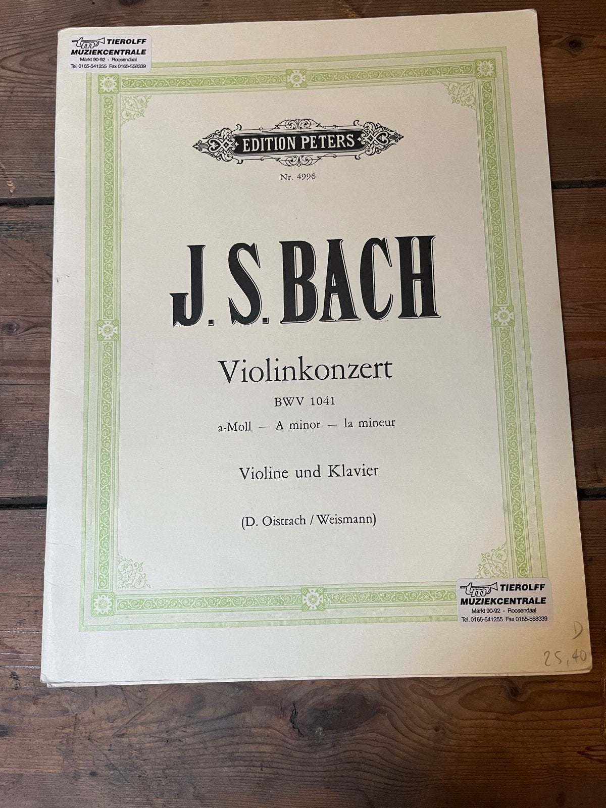 J.S. Bach Vioolconcert BWV 1041 - Bladmuziek, Gebruikt, Klassiek, Ophalen of Verzenden, Viool of Altviool