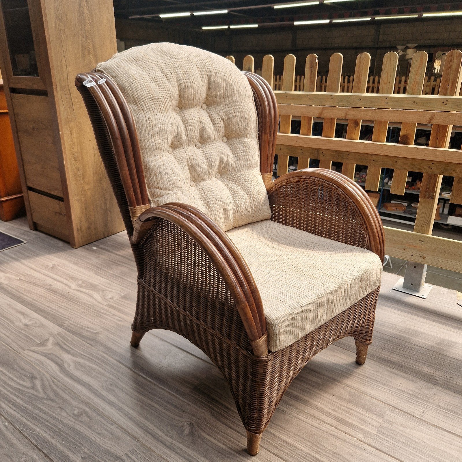 Vintage Rotan fauteuil. Jaren 70 met kussens, Ophalen, Gebruikt, Bruin, .