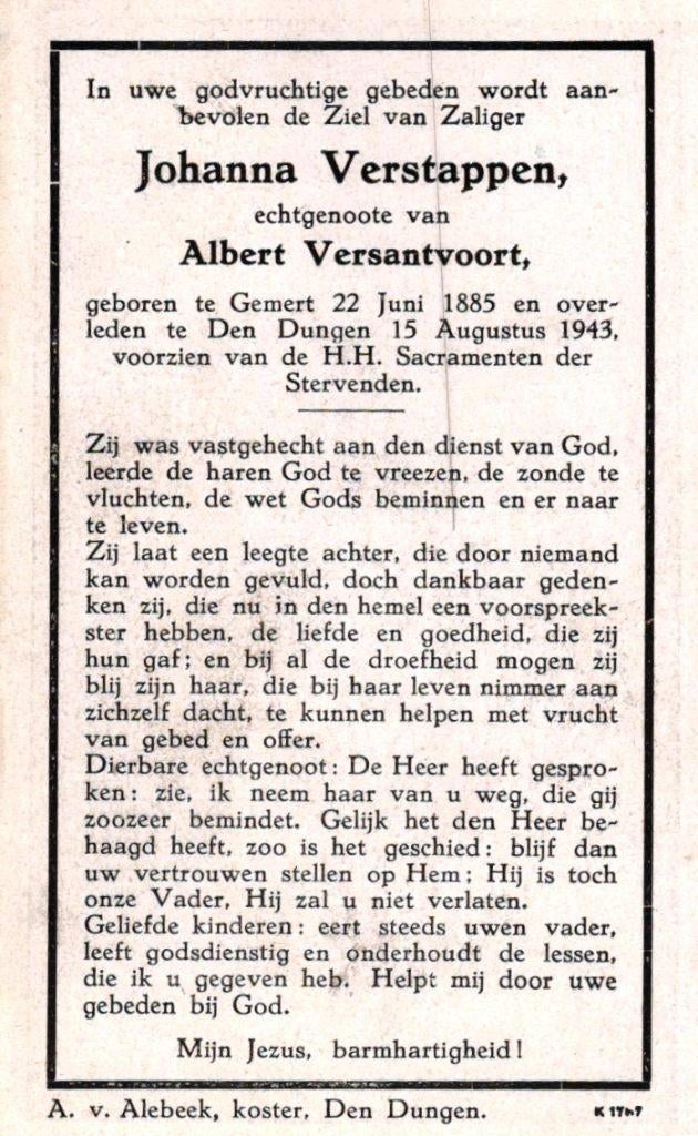 Verstappen Johanna Gemert 1885-1943 Den Dungen, Ophalen of Verzenden