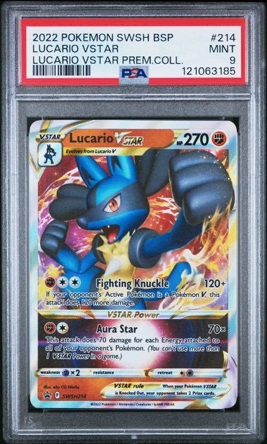 Lucario Vstar Full Art SWSH214 SWSH Black Star Promos PSA 9, Ophalen of Verzenden, Nieuw, Losse kaart