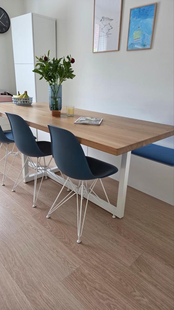 Eiken eettafel met wit gepoedercoat stalen poot 200x90, Ophalen, 200 cm of meer, Scandinavisch, 50 tot 100 cm