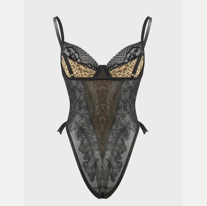 Vintage sexy kanten luipaardpatroon bodysuit, Ophalen of Verzenden, Zwart, Body of Korset