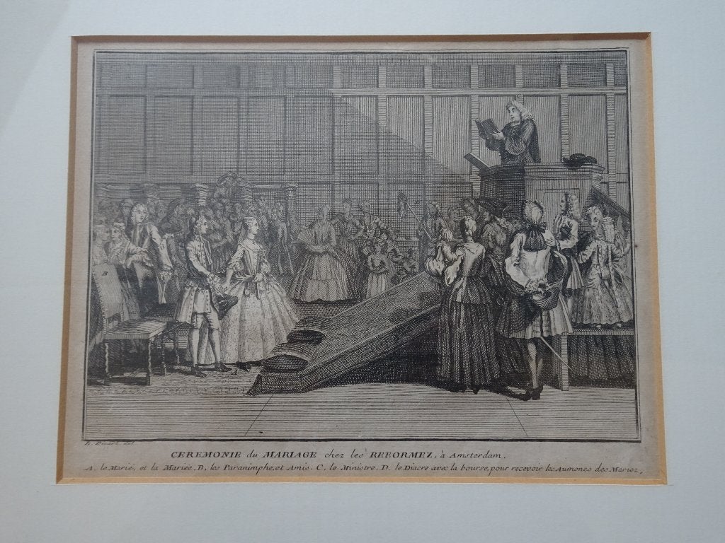 gravure huwelijksceremonie Gereformeerden Amsterdam 1730, Dagelijks leven, Verzenden, Gravure, Origineel