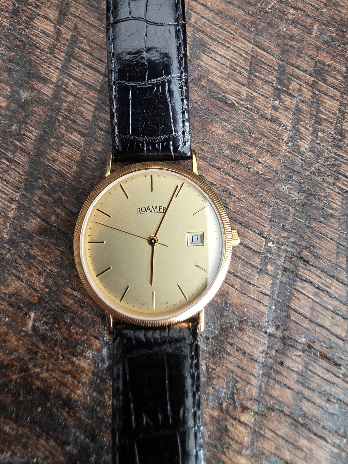 Roamer Heren Horloge 18 Karaat Goud, Swiss Made, Nieuwstaat, Ophalen of Verzenden, Goud, Leer, Overige merken