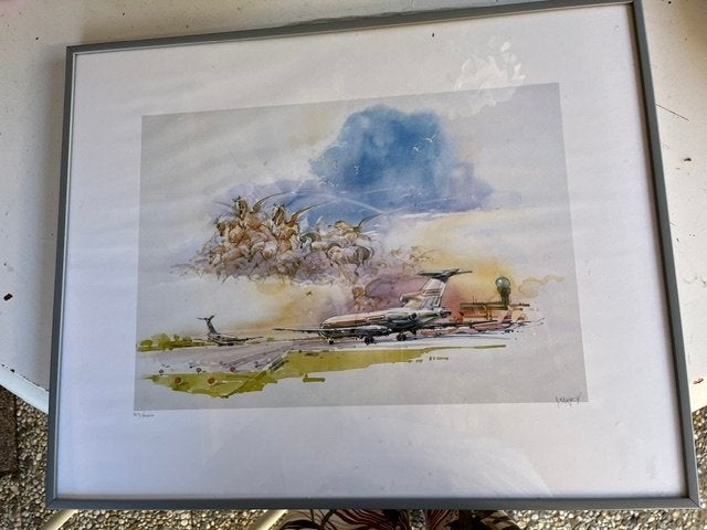 Vliegtuig op vliegveld - Gesigneerd, Gesigneerd, Ophalen of Verzenden, Overige onderwerpen, Overige techniek