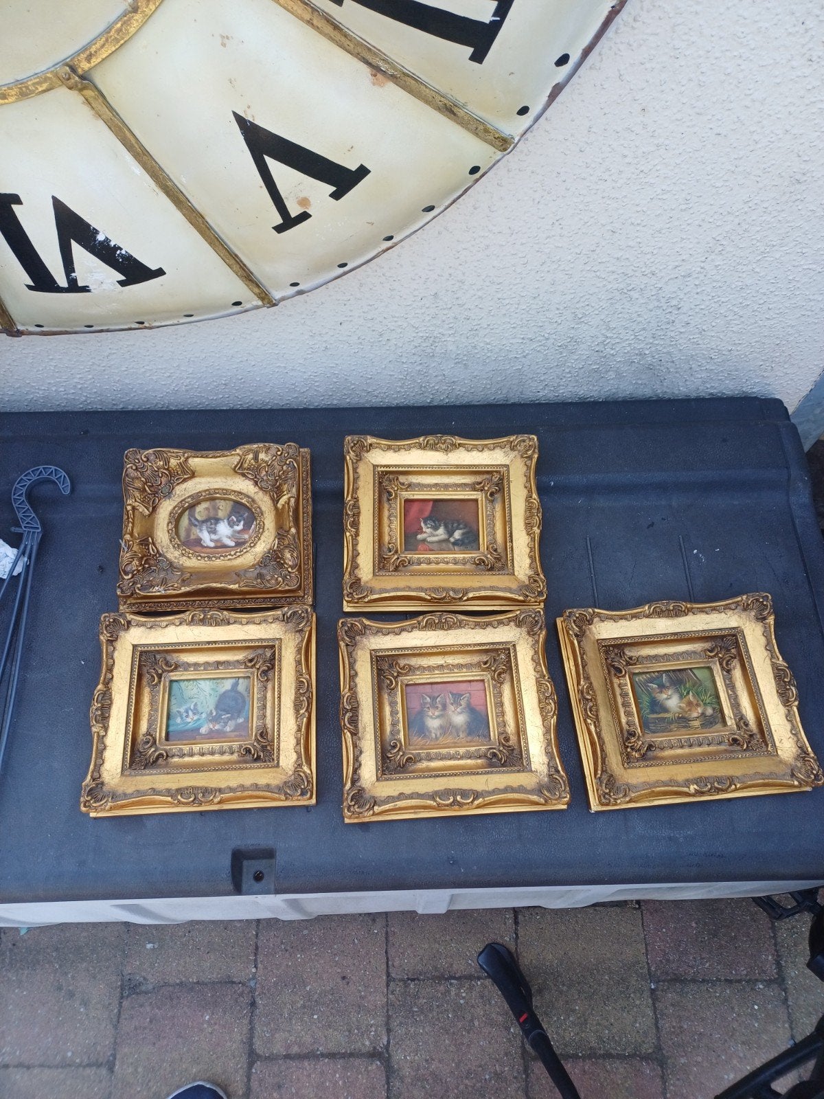 5x olieverf poesen schilderijtjes  op houten paneel, Ophalen of Verzenden
