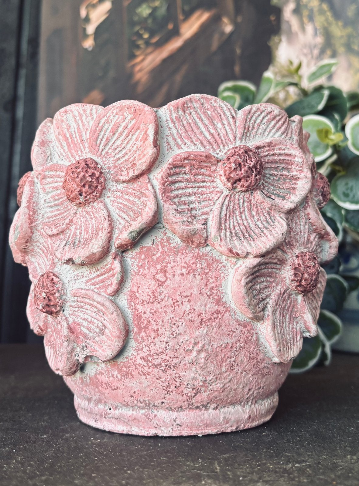 Verkocht- Stenen bewerkte PTMD bloempot 16x15cm, dusty pink, Tuin en Terras, Bloempotten, Steen, Verzenden, Rond, Zo goed als nieuw