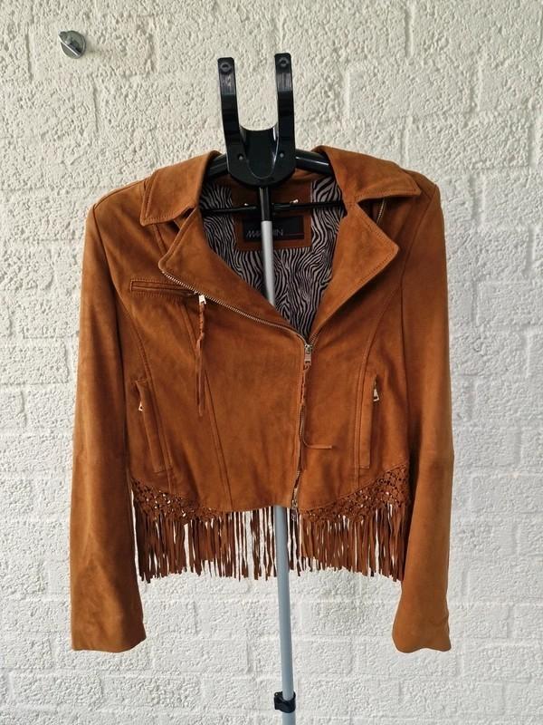 Marc Cain Suède Leren Fringe Jacket Cognac 36, Ophalen of Verzenden, Zo goed als nieuw, Maat 36 (S), Bruin
