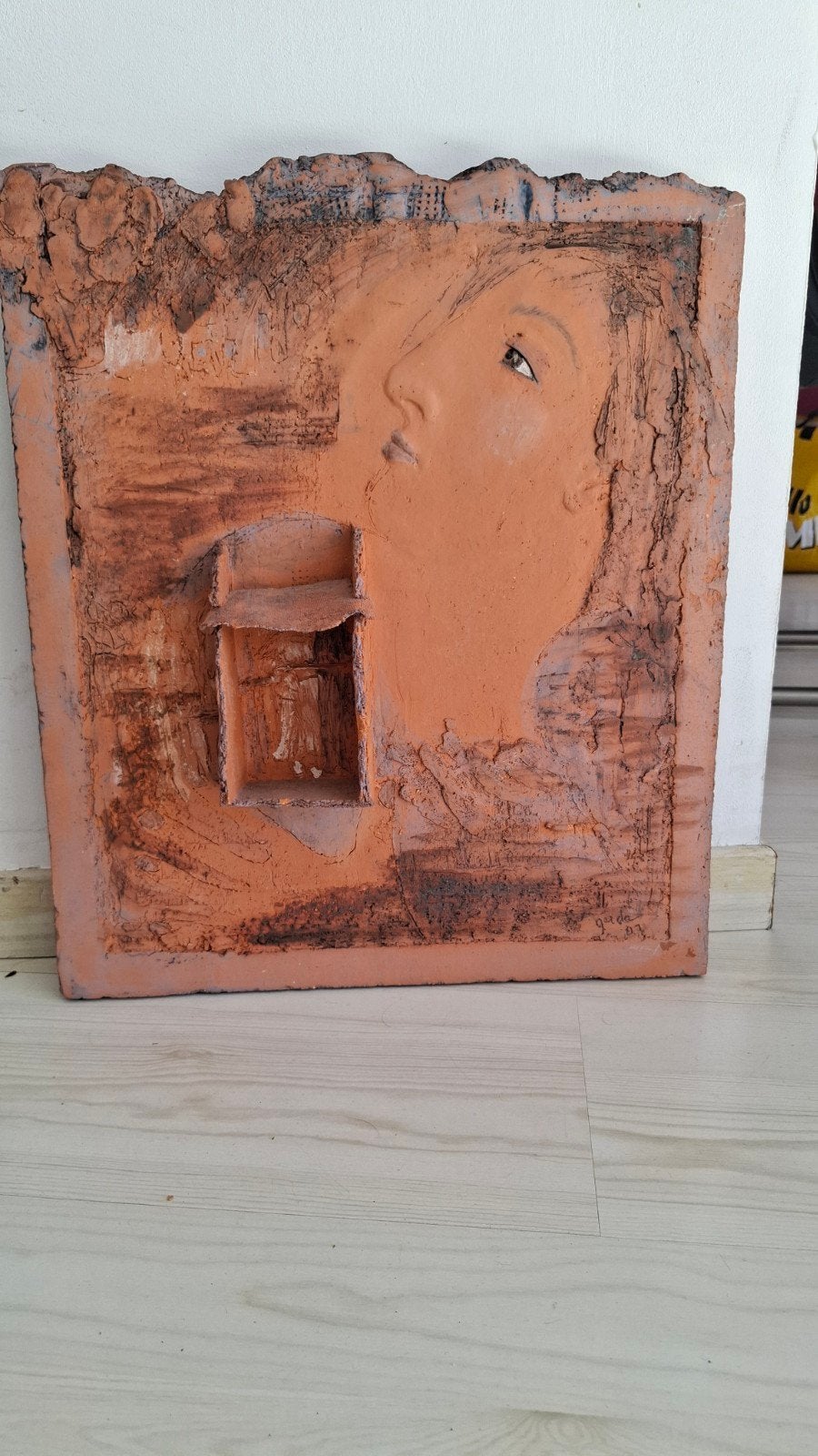Terracotta Wanddecoratie -gezicht, Ophalen, Rood, Handgemaakt, Wanddecoratie