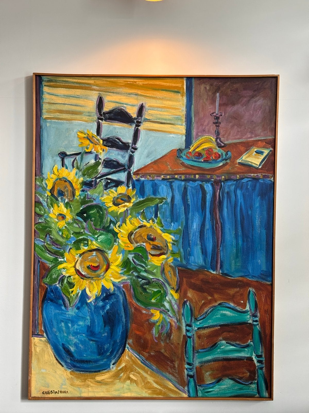 Schilderij zonnebloemen, 120x90 cm, gesigneerd, Ophalen, Bloemen, Textiel, Gesigneerd