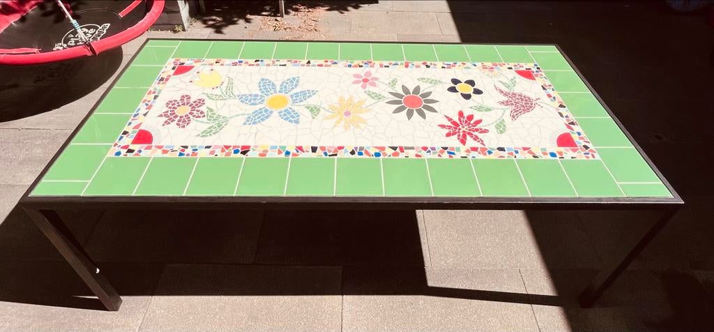 Mozaïek Buitentafel van ijzer ,handgemaakt, Tuin en Terras, Tuintafels, Ophalen of Verzenden, Gebruikt, Rechthoekig, Metaal