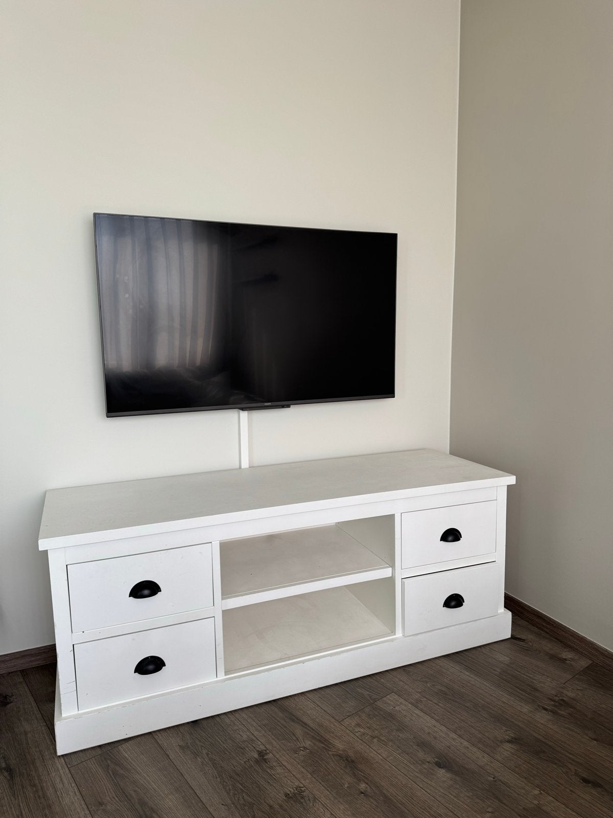 Witte TV-meubel met lades en open vakken, Ophalen, Gebruikt, 100 tot 150 cm, Minder dan 100 cm