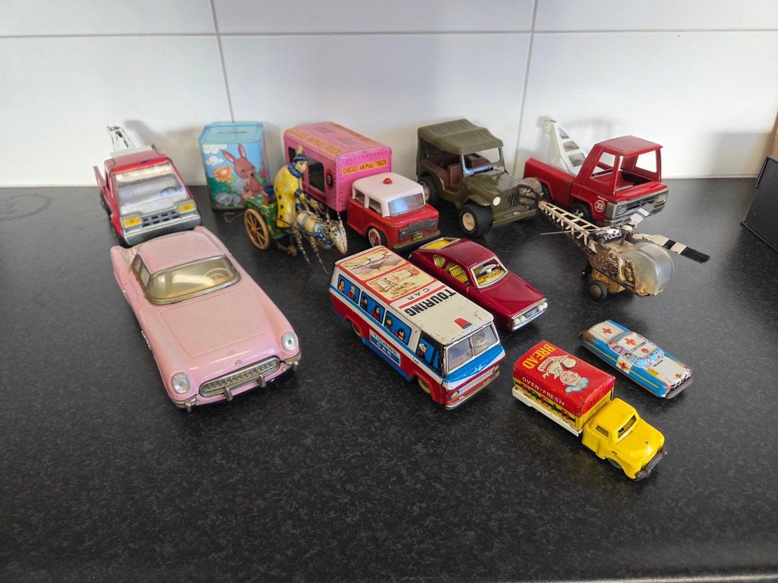 antiek vintage blikken speelgoed, auto's, helikopter, Antiek en Kunst, Ophalen