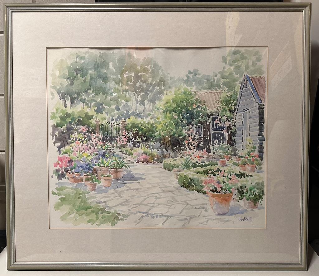 Jan Koning aquarel 83 x 73. Achtertuin, Antiek en Kunst, Kunst | Schilderijen | Klassiek, Ophalen