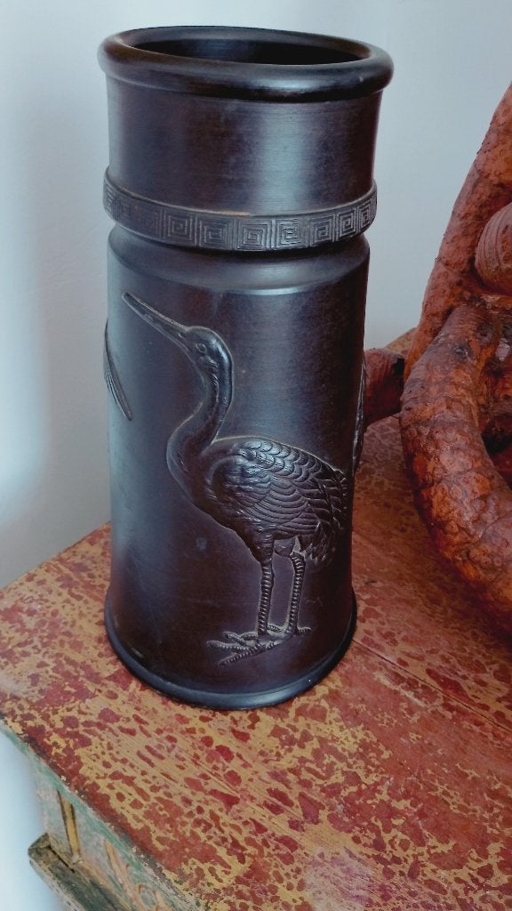 Japanse keramiek vaas met kraanvogels reliëf made in Nipon, Antiek en Kunst, Ophalen of Verzenden