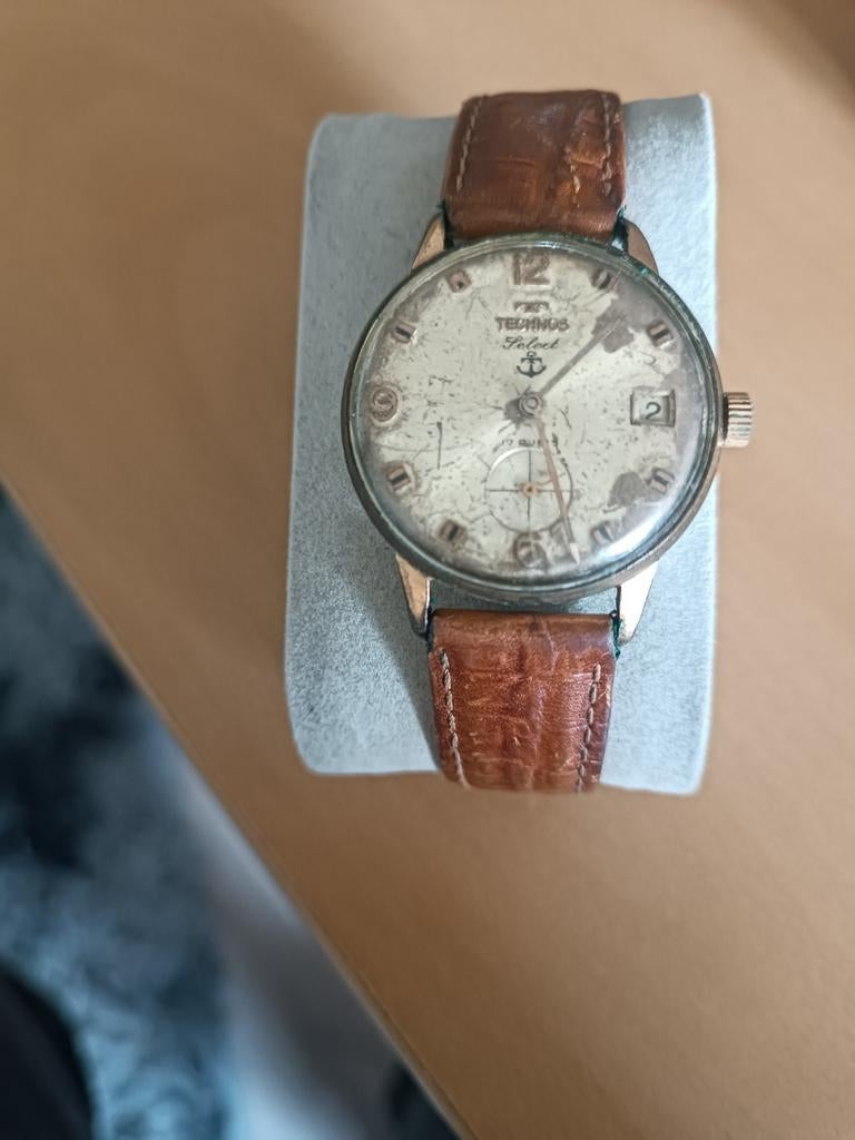 Vintage Technos Select herenhorloge met leren bandje, Ophalen of Verzenden, Staal, Overige merken, 1960 of later