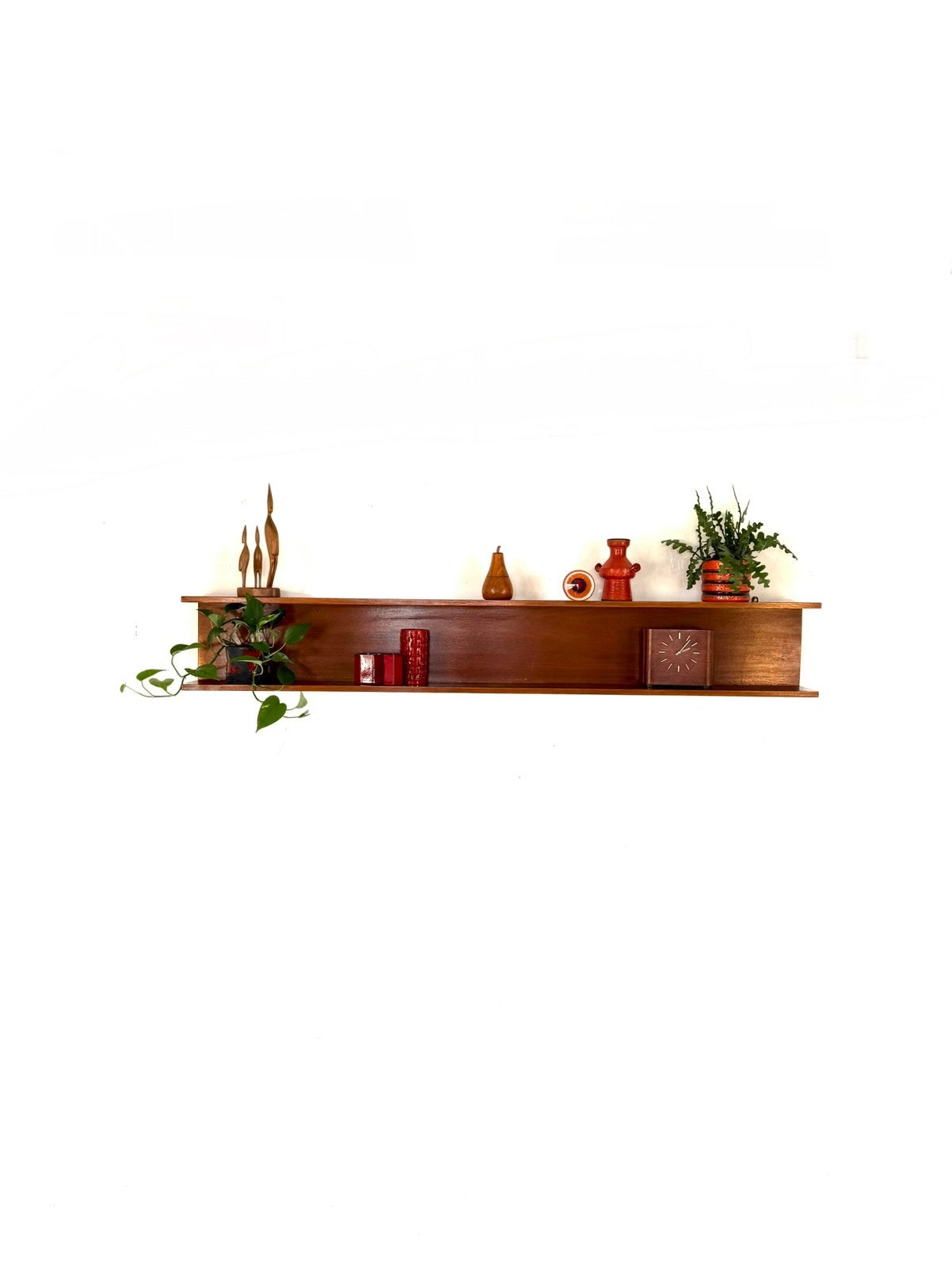 Vintage XL (199cm) teakhouten wandplank, jaren ‘60, Gebruikt, Ophalen of Verzenden, Nvt, Nvt