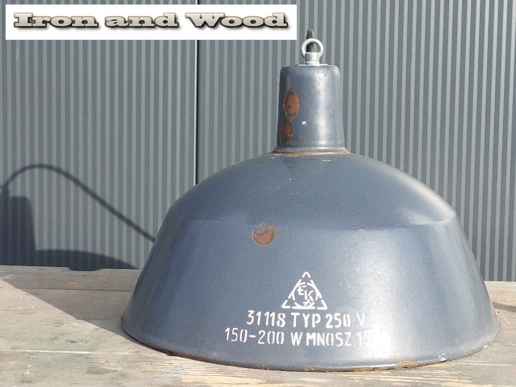 Blauw grijze emaille vintage oude stoere lamp afm: H25 D3, Antiek en Kunst, Ophalen of Verzenden