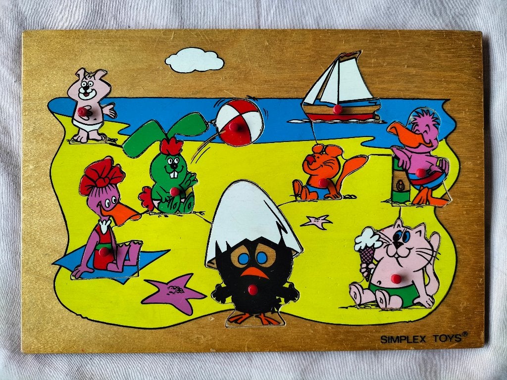 Houten knopjespuzzel Calimero - Simplex Toys, Gebruikt, Ophalen of Verzenden, Van hout, Minder dan 10 stukjes