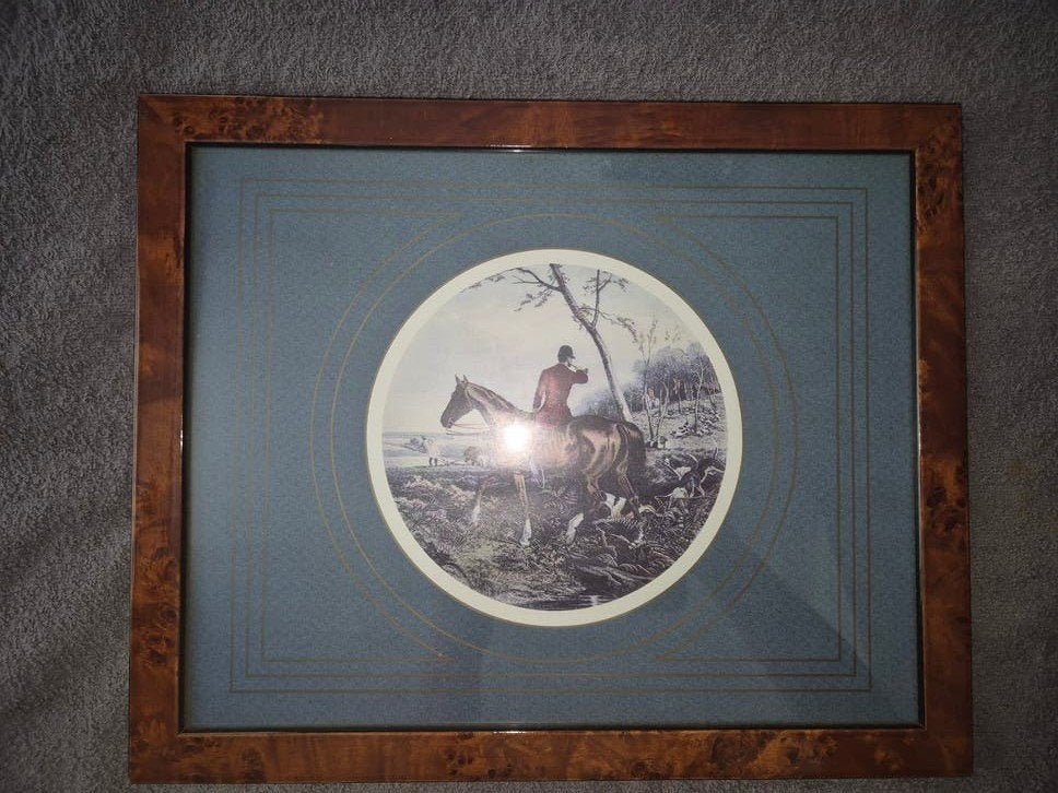 Ingelijste print van jachtscène, Ophalen of Verzenden, Klassiek, Papier, Achter glas