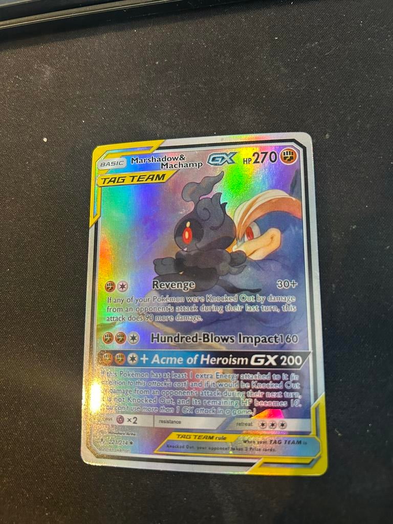 Marshadow & Machamp tagteam, Hobby en Vrije tijd, Verzamelkaartspellen | Pokémon, Ophalen of Verzenden, Zo goed als nieuw