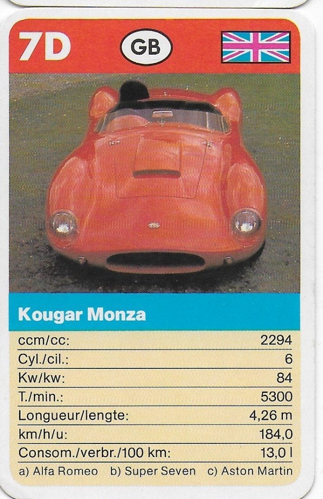 Kw4374 autokaartje kougar monza ( 7d ), Ophalen of Verzenden, Zo goed als nieuw, Auto's