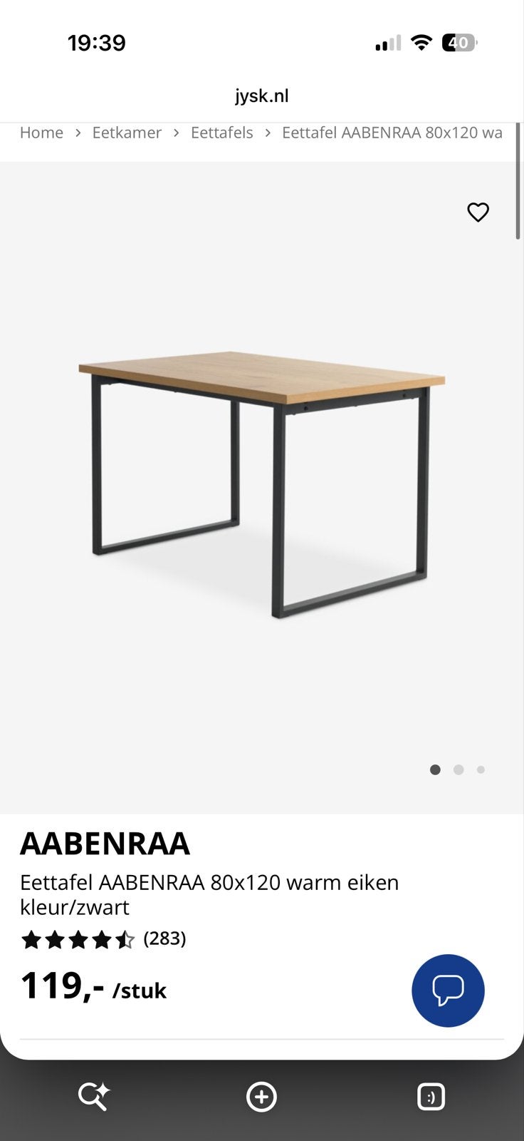 Eettafel AABENRAA 80x120 warm eiken/zwart, Huis en Inrichting, Ophalen, 100 tot 150 cm, Eikenhout, 50 tot 100 cm