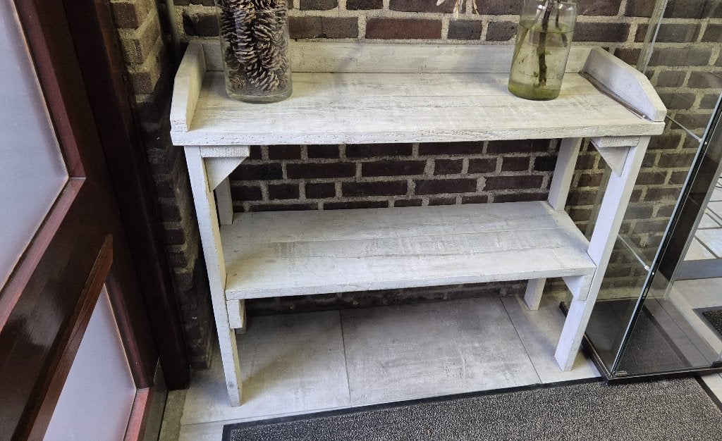 Mooie landelijke houten whitewash sidetable met onderplank, Huis en Inrichting, Tafels | Sidetables, Ophalen, Gebruikt, 100 tot 150 cm