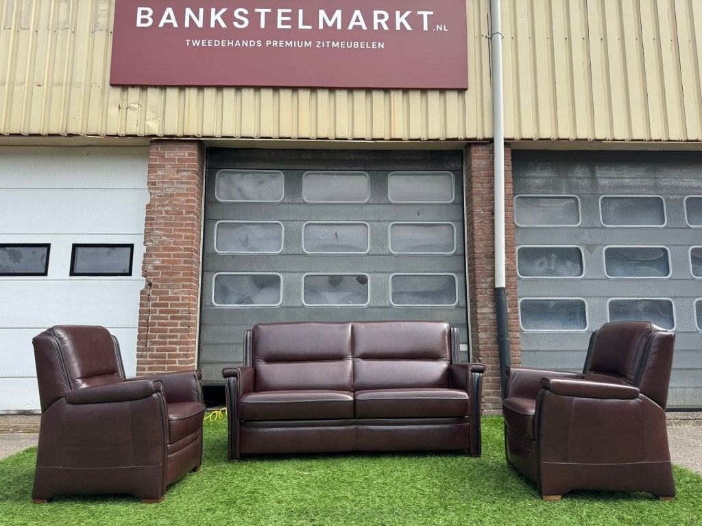 Bankstel SENIOREN Mecam bruin leer 2zit+2 fauteuils/stoelen, Ophalen, Geen, Pahest@hotmail.nl, Design