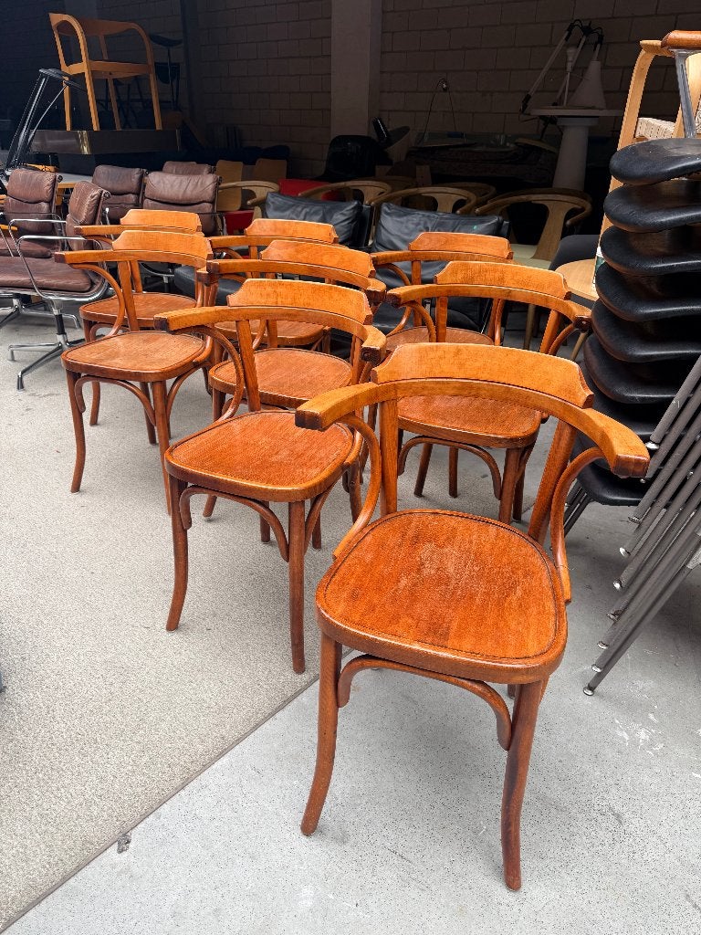 set van 8 vintage café/bistrostoel (Setprijs), Ophalen, Gebruikt, Bruin, Vintage