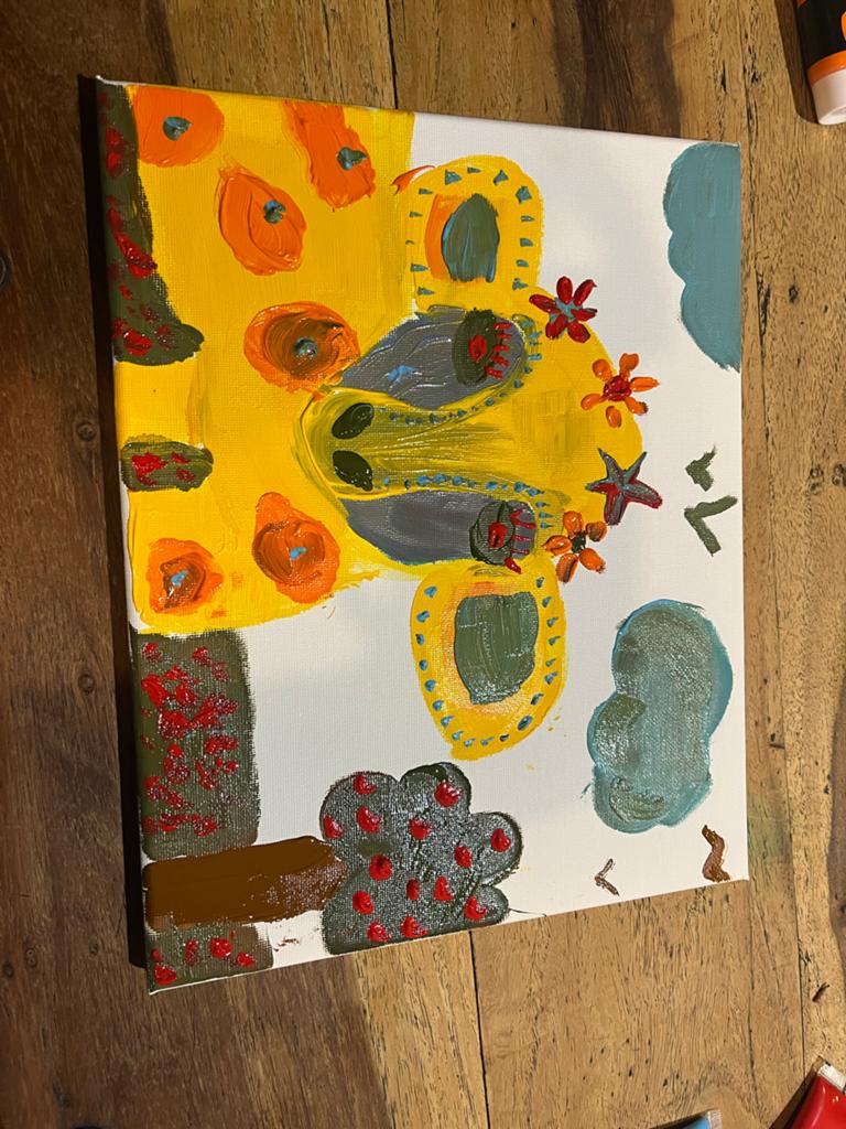 Zelfgemaakt schilderij met schaap, koe en giraffe, Ophalen of Verzenden