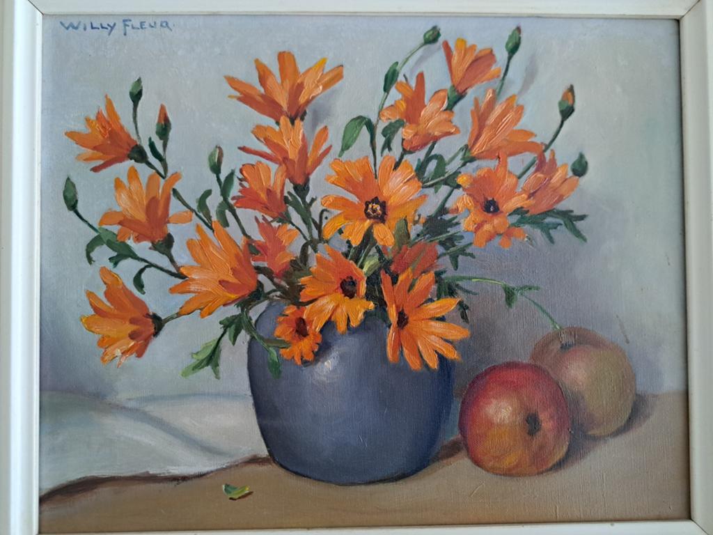 Willy Fleur olieverf schilderij - Bloemen en appels, Antiek en Kunst, Ophalen of Verzenden