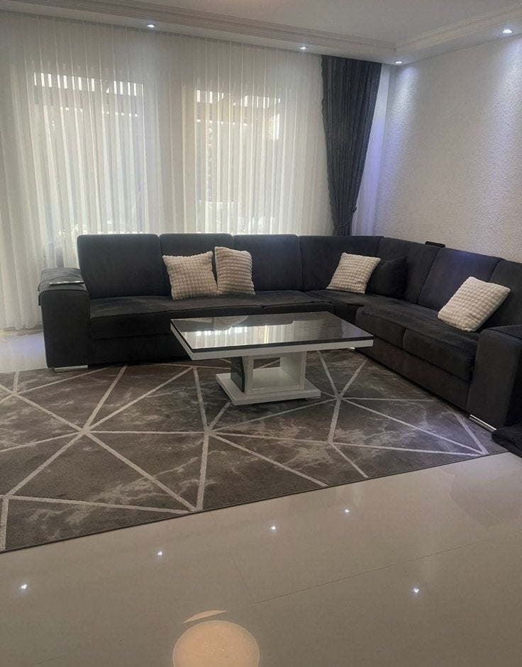 Moderne hoekbank donkergrijs + salontafel, Huis en Inrichting, Banken | Complete zithoeken, Ophalen, Zo goed als nieuw