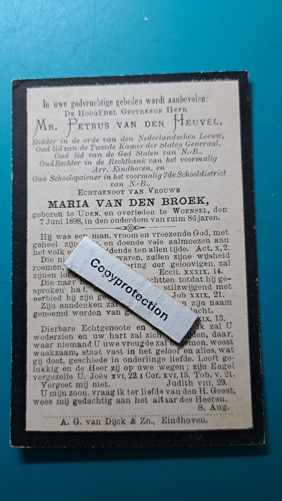 Mr Petrus van den Heuvel, Uden 1812, +Woensel 1898, Verzamelen, Bidprentjes en Rouwkaarten, Verzenden, Bidprentje