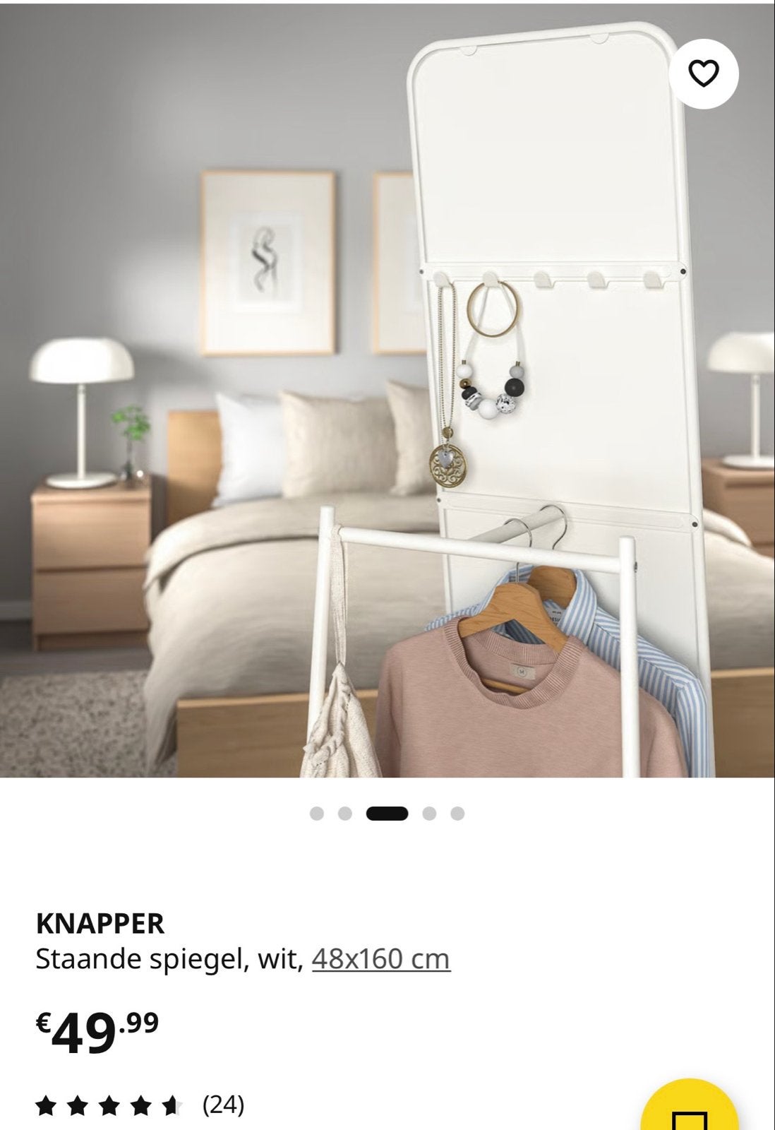 IKEA KNAPPER Staande spiegel met kledingrek, wit, Huis en Inrichting, Woonaccessoires | Spiegels, Ophalen, Minder dan 50 cm, Zo goed als nieuw