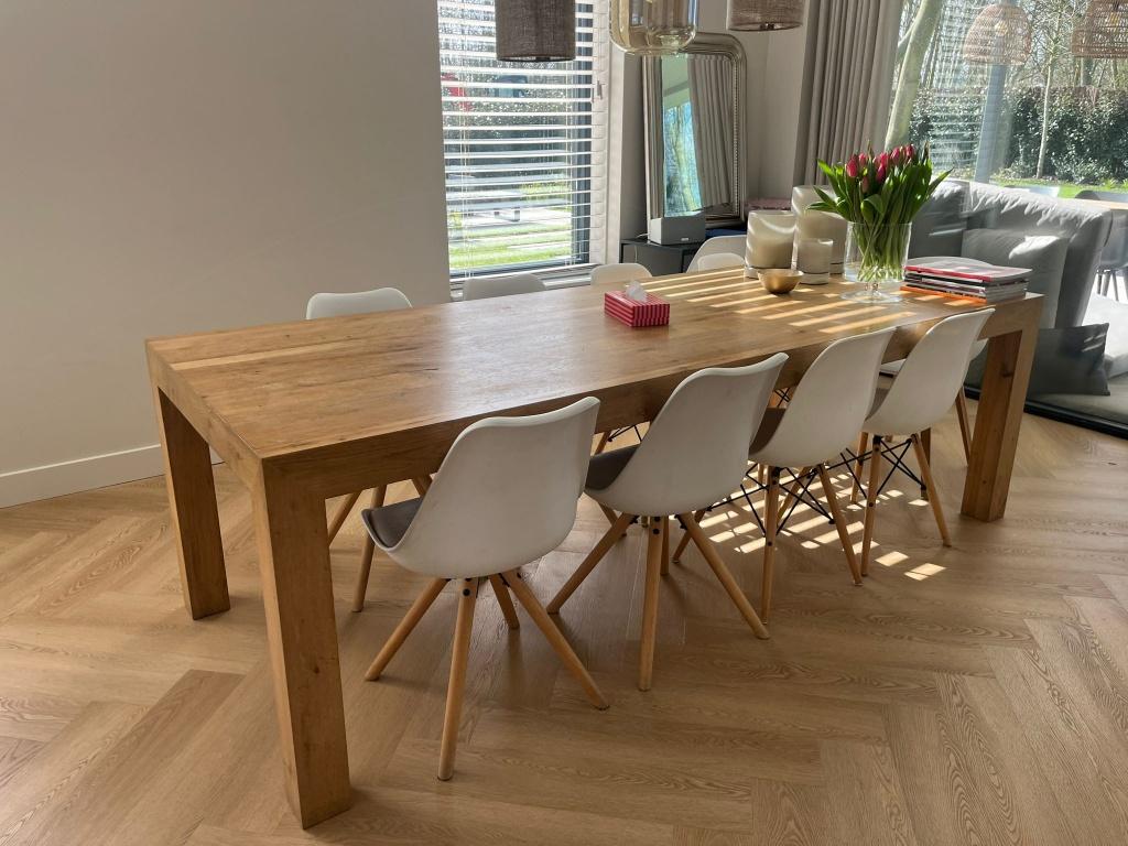 Eiken eettafel, Ophalen, Eikenhout, 200 cm of meer, Zo goed als nieuw
