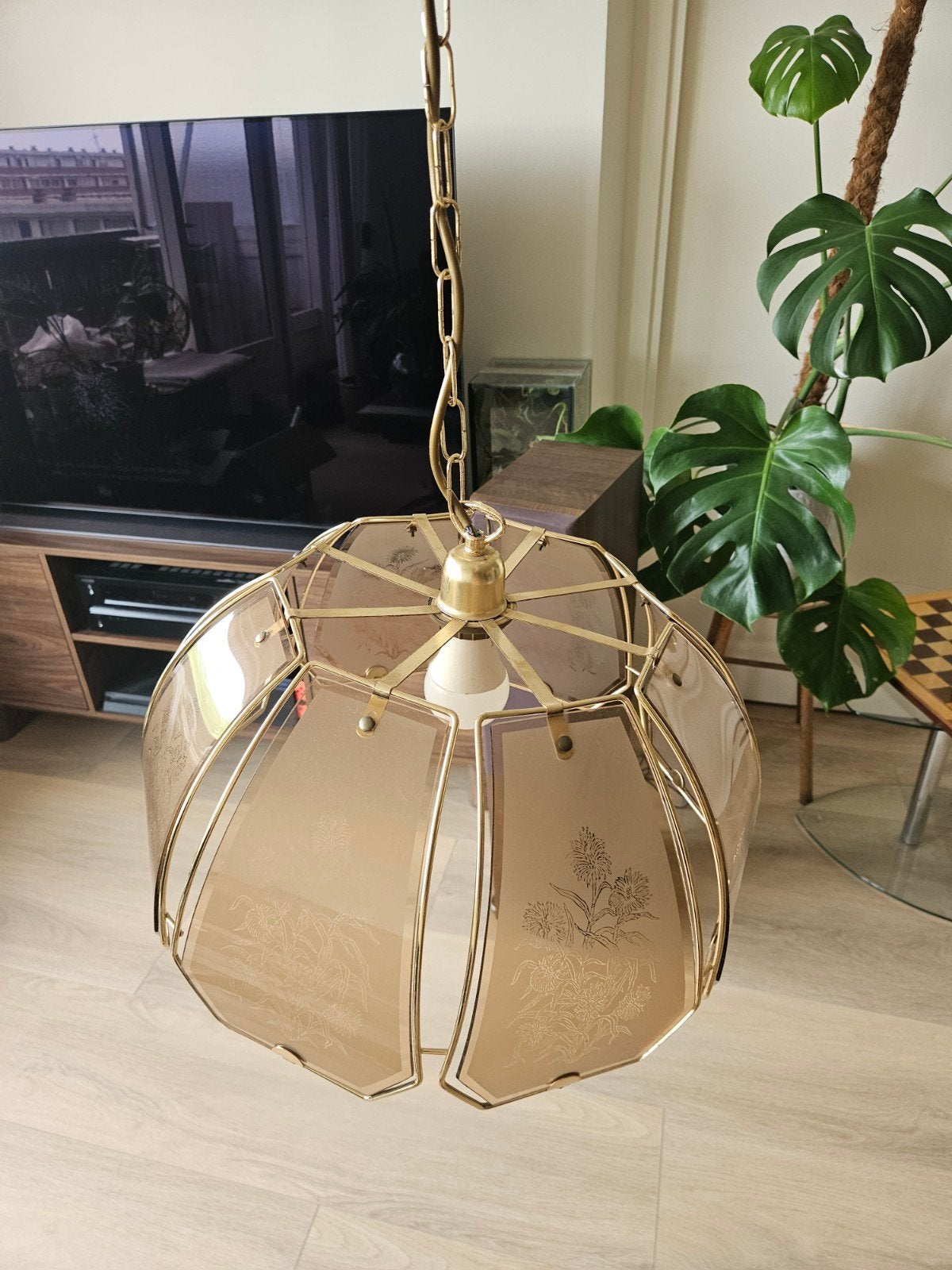 Hollywood regency bloemenmotief hanglamp, Ophalen, Gebruikt, Glas, Hollywood Regency
