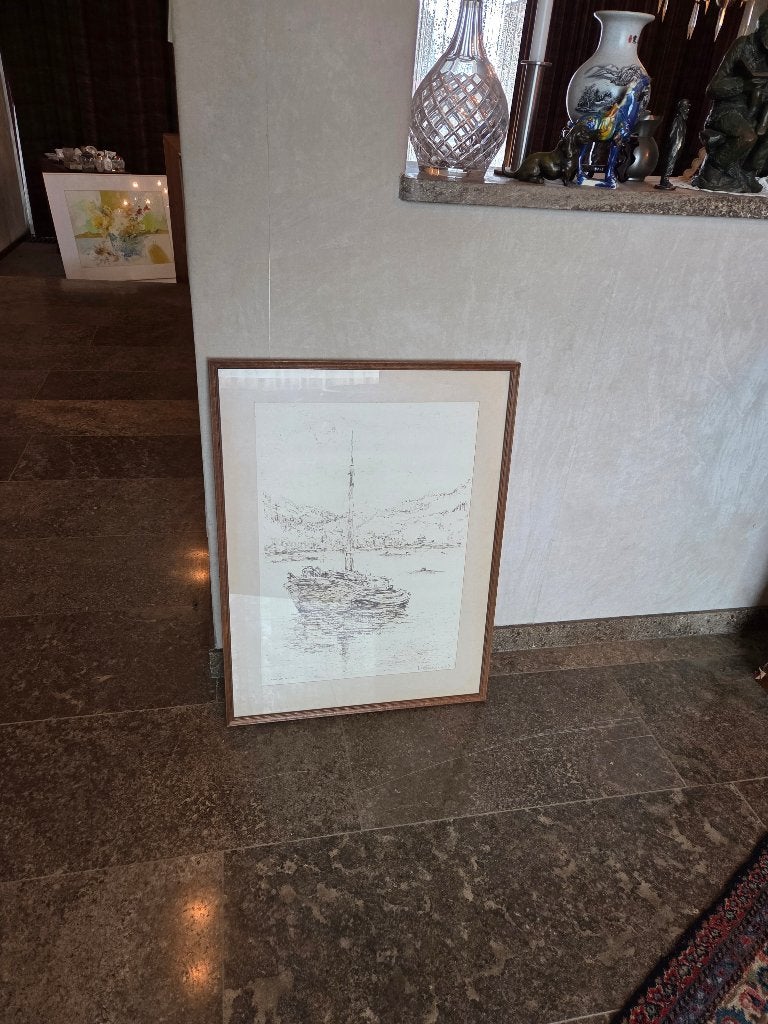 Tekening Verhoeve 1974 – boot / water – 66 x 50 cm, Ophalen