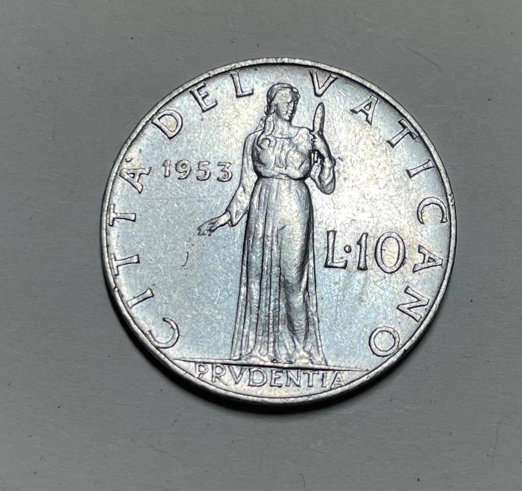 10 lire Vaticaan 1953, Ophalen of Verzenden, Overige landen