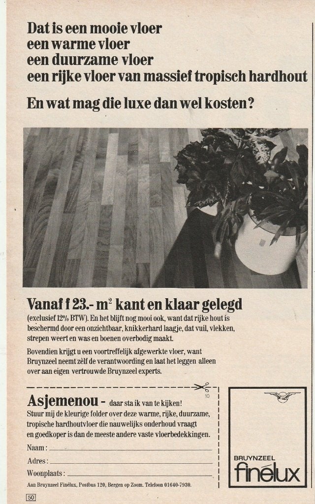 Retro reclame 1969 Bruynzeel Bergen op Zoom een warme vloer, Verzamelen, Verzenden, Overige typen