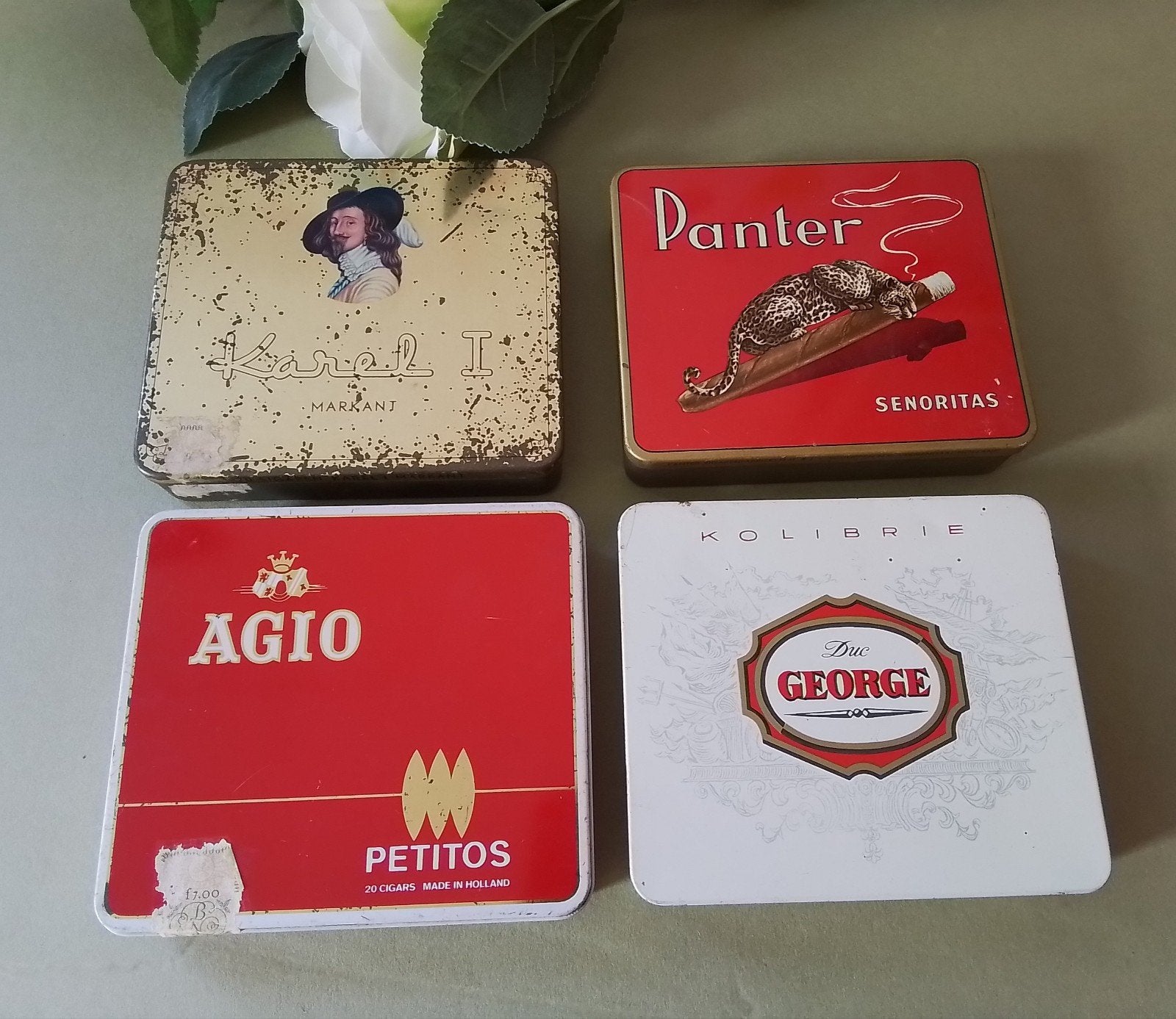 4 Vintage Sigarenblikken: Agio, Panter, Karel I, Duc George, Verzamelen, Ophalen of Verzenden
