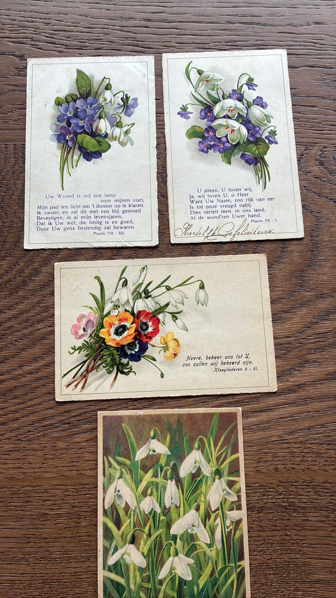 Religieus. 4 kaarten met sneeuwklokjes. Bijbelteksten., Verzamelen, Ophalen of Verzenden, 1920 tot 1940