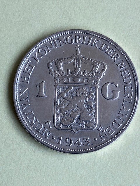 1 GLD 1943 Wilhelmina zilver PR+ met muntteken D van Denver., Postzegels en Munten, 1 gulden, Verzenden, Zilver, Koningin Wilhelmina