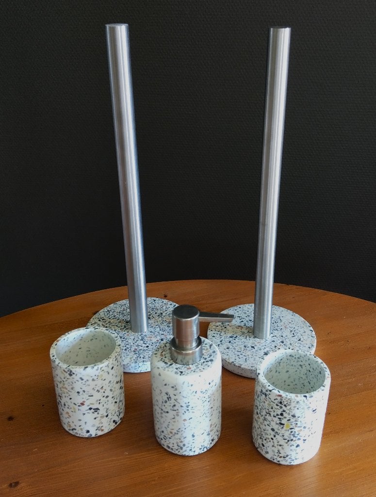 Badkameraccessoires vijfdelig steen, Huis en Inrichting, Ophalen of Verzenden, Zo goed als nieuw, Beige