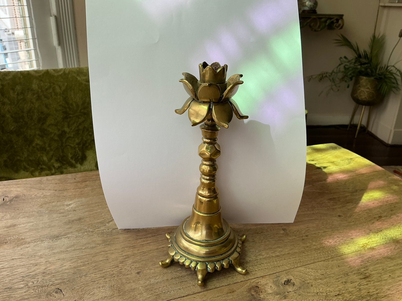 Kandelaar lotus goudkleurig messing koper  hoogte 21 cm, Brons of Koper, Verzenden, Zo goed als nieuw, Kandelaar